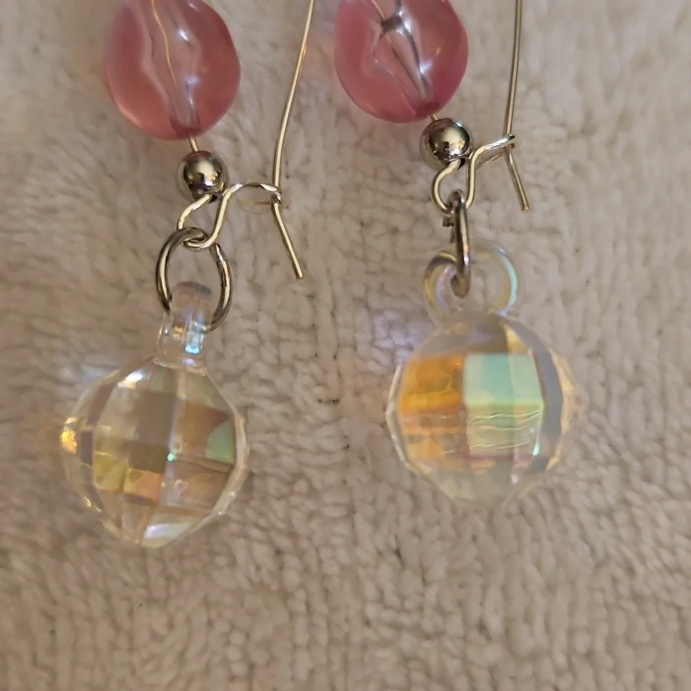 3/$30 HANDCRAFTED Silver and Pink Beaded Disco Ball Hoop Earrings